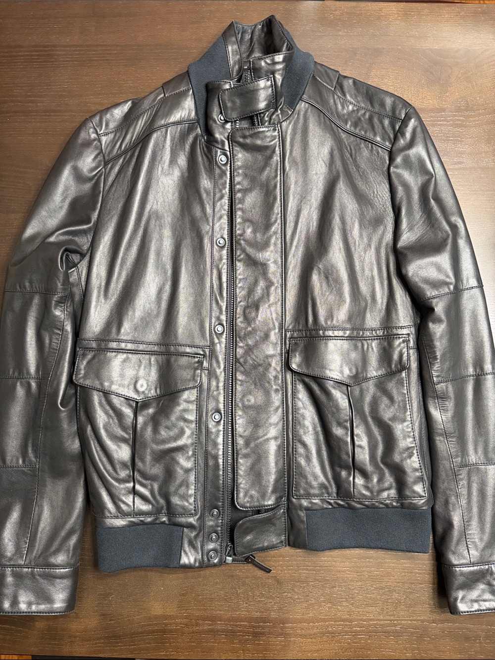 Elie Tahari Black Leather Bomber Jacket with Ribbed Trim